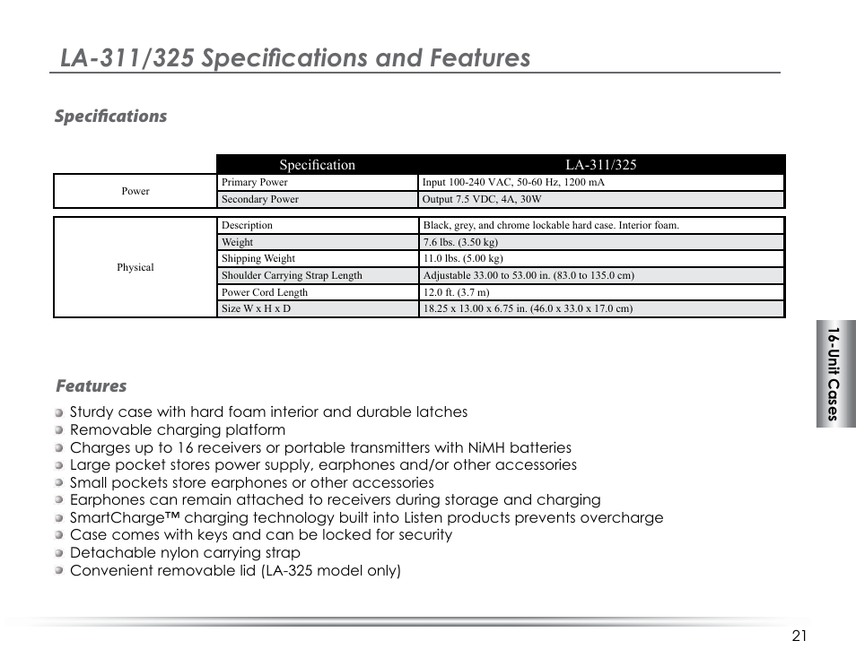 Specifications features | Listen Technologies LA-317 User Manual | Page 25 / 48