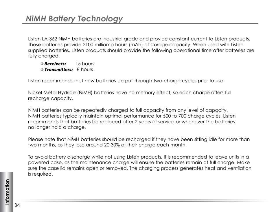 Nimh battery technology | Listen Technologies LA-317 User Manual | Page 38 / 48