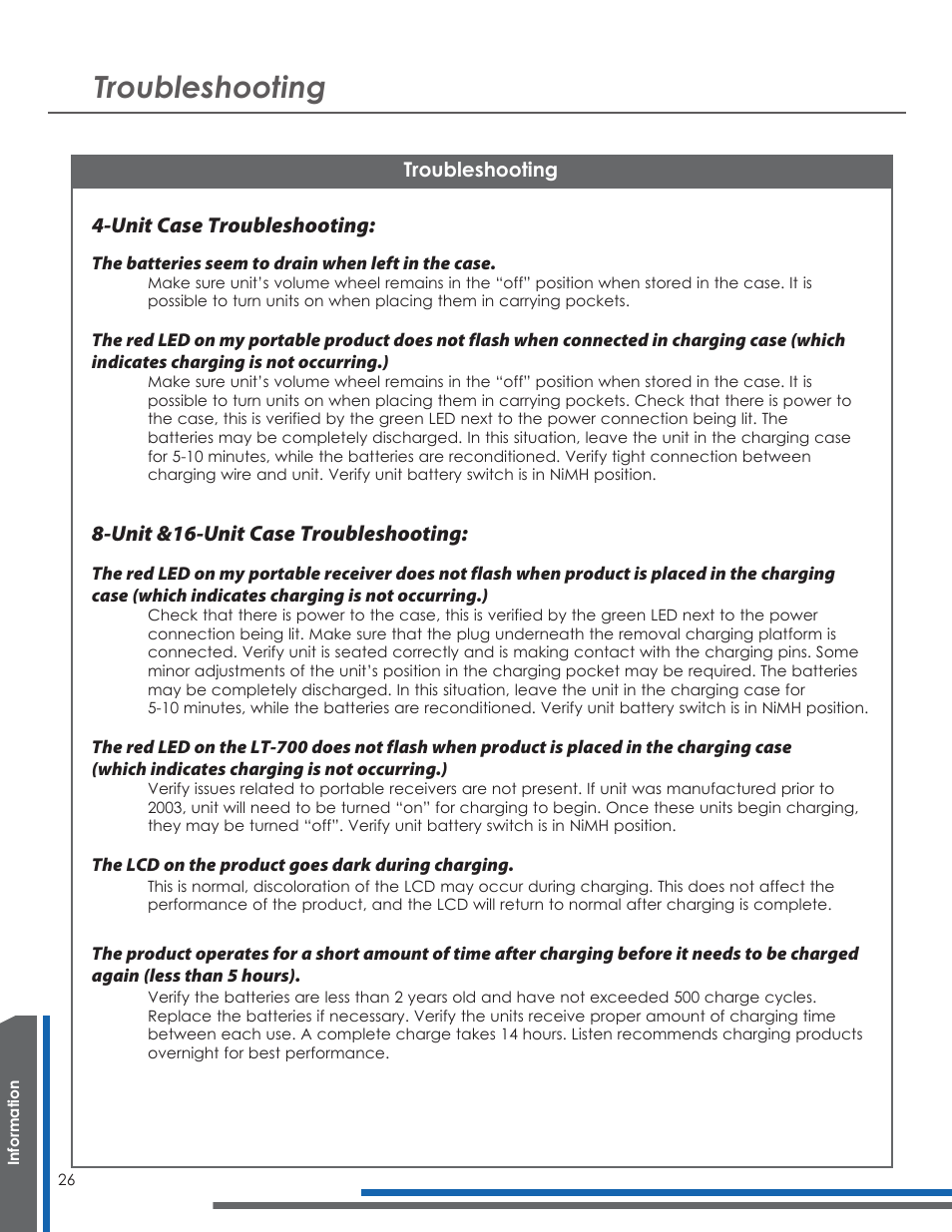 Troubleshooting, Unit case troubleshooting, Unit &16-unit case troubleshooting | Listen Technologies LA-321 User Manual | Page 30 / 36