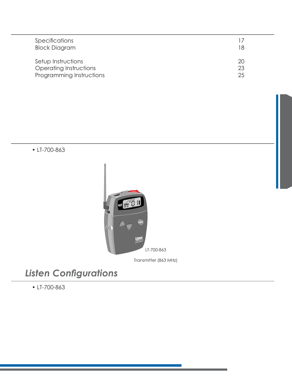 Lt-700 package contents, Lvwhq&rqàjxudwlrqv, Lt-700 user’s manual table of contents | Listen Technologies 863.050 User Manual | Page 21 / 76