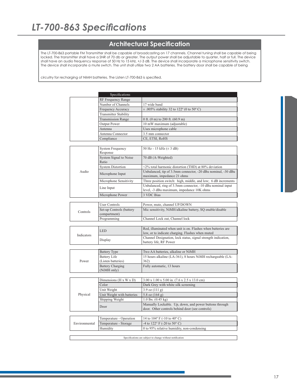 76shflàfdwlrqv, Ufklwhfwxudo6shflàfdwlrq | Listen Technologies 863.050 User Manual | Page 23 / 76