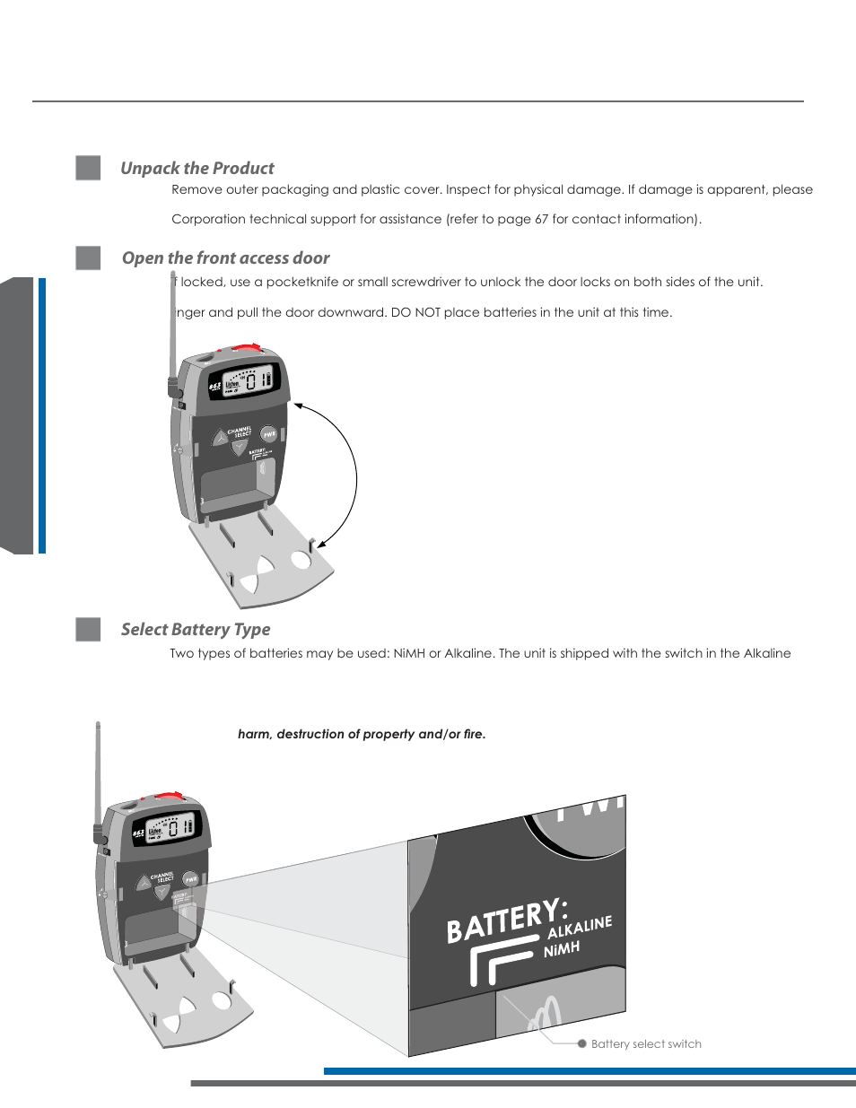 Lt-700 setup instructions, Unpack the product, Open the front access door | Select battery type | Listen Technologies 863.050 User Manual | Page 26 / 76
