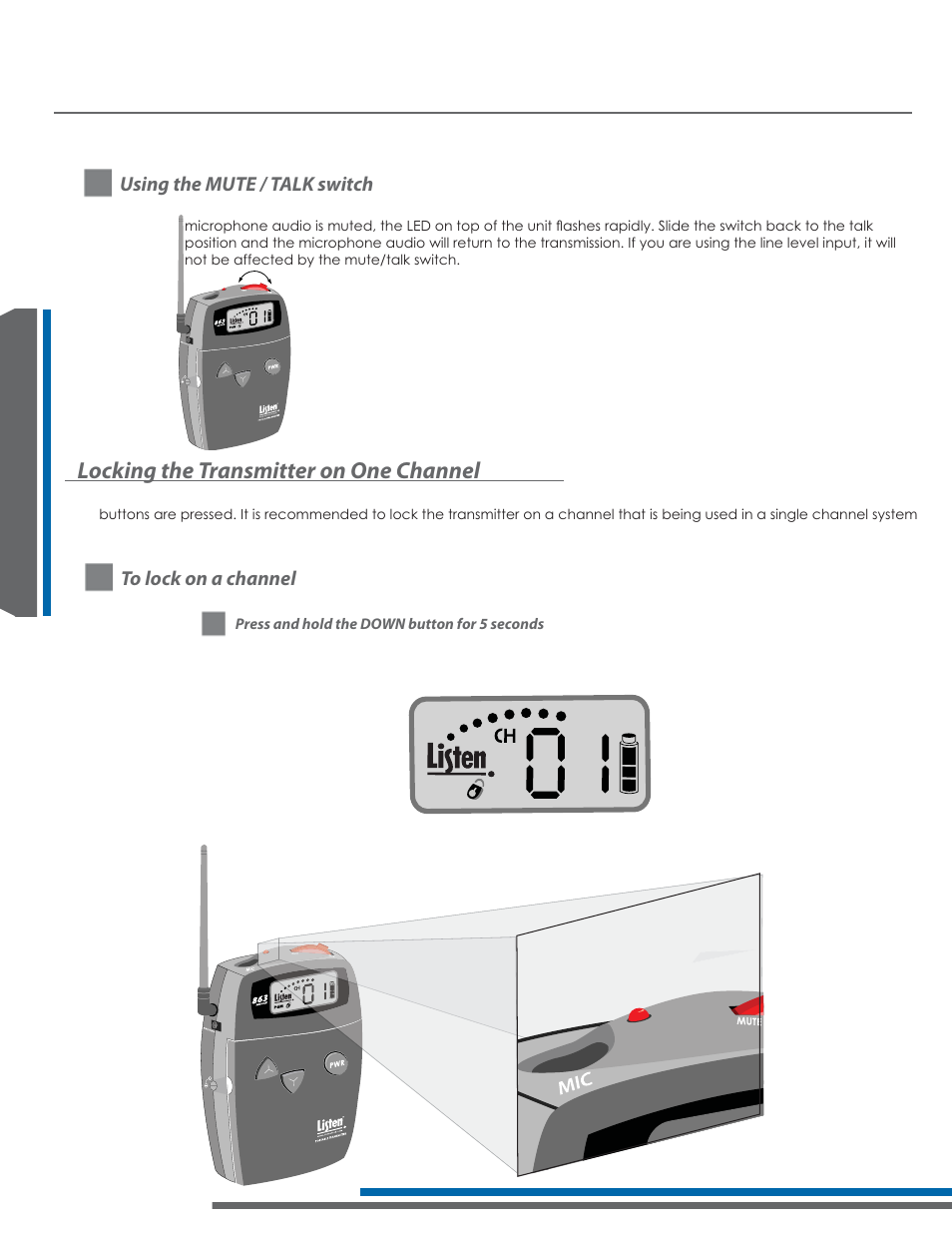 Lt-700 operating instructions, Locking the transmitter on one channel | Listen Technologies 863.050 User Manual | Page 30 / 76
