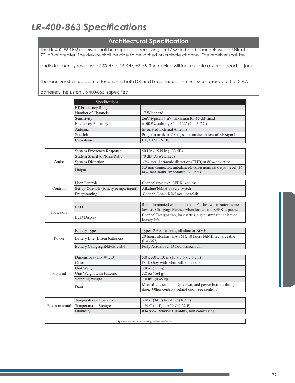 56shflàfdwlrqv, Ufklwhfwxudo6shflàfdwlrq | Listen Technologies 863.050 User Manual | Page 43 / 76