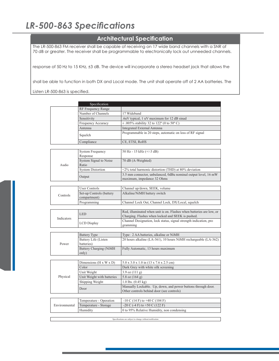 56shflàfdwlrqv, Ufklwhfwxudo6shflàfdwlrq | Listen Technologies 863.050 User Manual | Page 44 / 76
