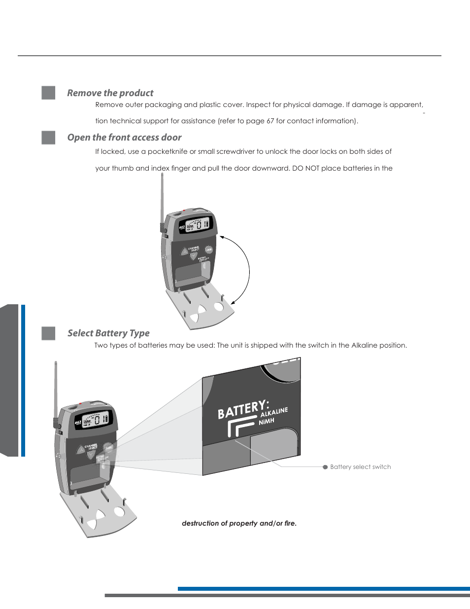 Remove the product, Open the front access door, Select battery type | Listen Technologies 863.050 User Manual | Page 48 / 76