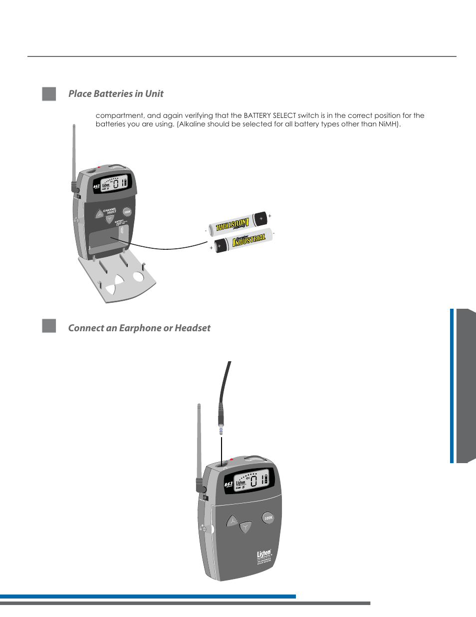 Place batteries in unit, Connect an earphone or headset | Listen Technologies 863.050 User Manual | Page 49 / 76