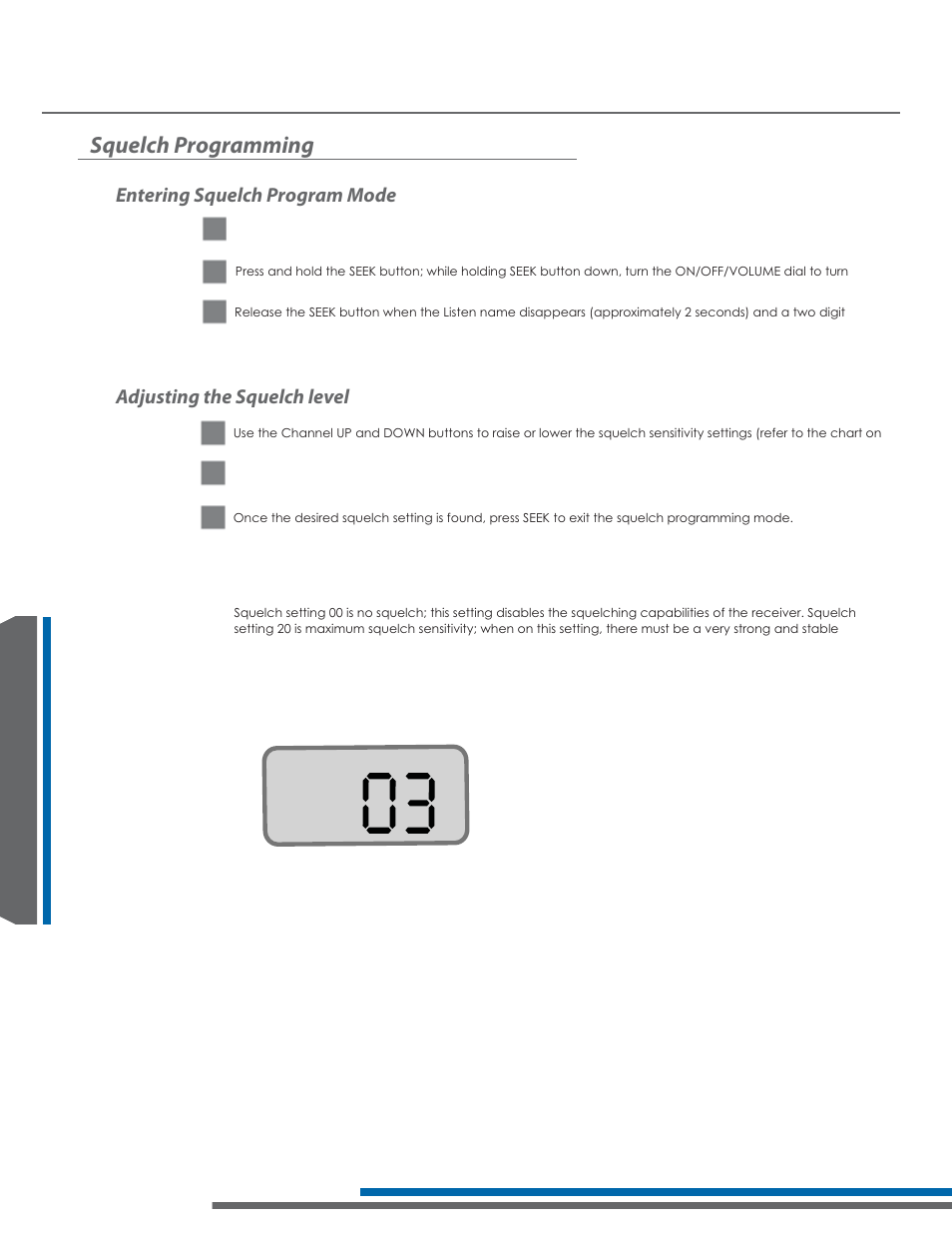 Squelch programming, Entering squelch program mode, Adjusting the squelch level | Listen Technologies 863.050 User Manual | Page 54 / 76