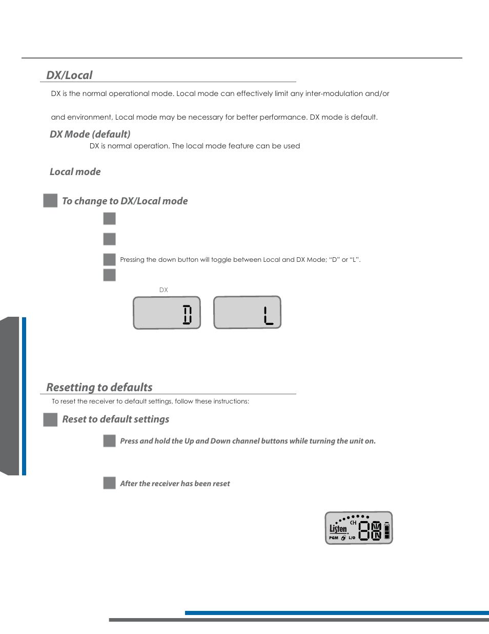 Dx/local, Resetting to defaults, Dx mode (default) | Local mode, Reset to default settings | Listen Technologies 863.050 User Manual | Page 56 / 76