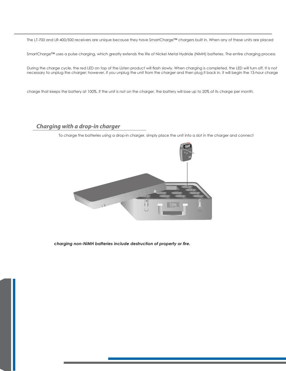 Battery charging information, Charging with a drop-in charger | Listen Technologies 863.050 User Manual | Page 68 / 76