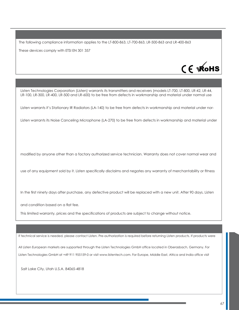 Compliance, warranty and contact information, Contacting listen, Compliance information | Warranty | Listen Technologies 863.050 User Manual | Page 73 / 76