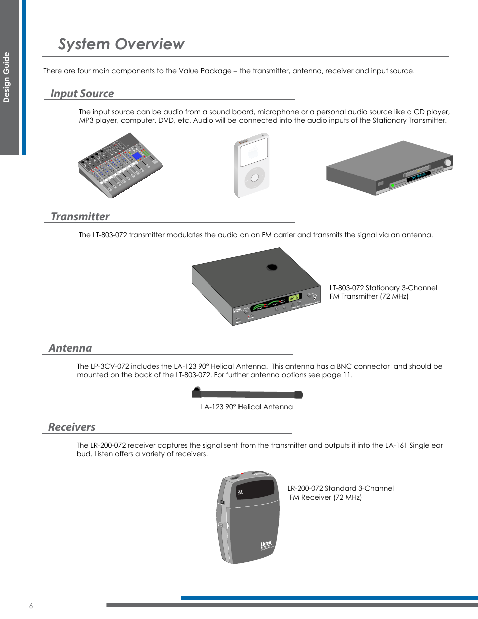 System overview, Input source, Transmitter | Antenna, Receivers, Design guide | Listen Technologies Satellite Radio User Manual | Page 12 / 65