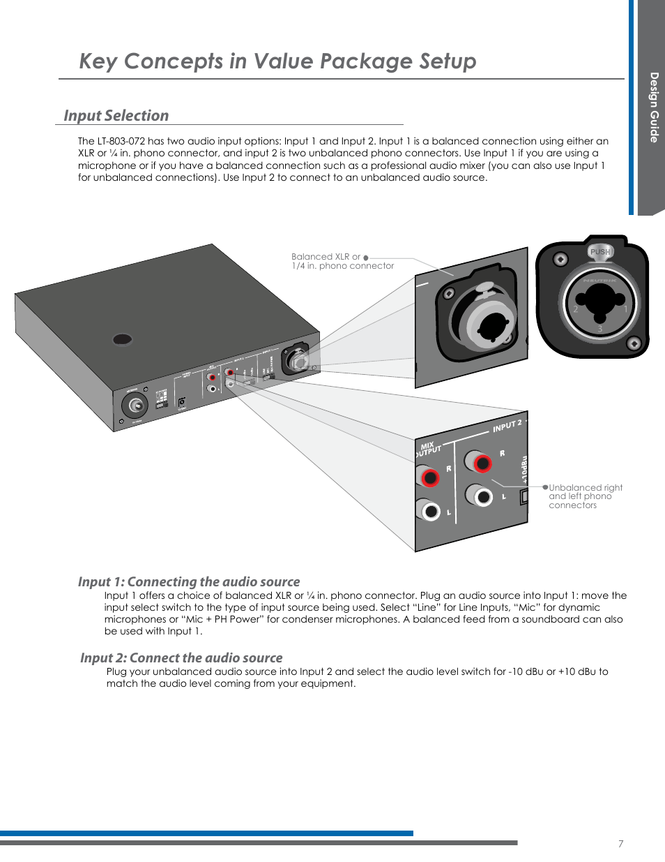 Key concepts in value package setup, Input selection, Input 1: connecting the audio source | Input 2: connect the audio source | Listen Technologies Satellite Radio User Manual | Page 13 / 65