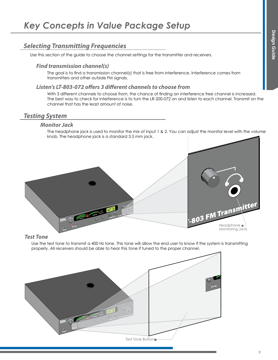 Key concepts in value package setup, Selecting transmitting frequencies, Testing system | Test tone, Find transmission channel(s), Monitor jack | Listen Technologies Satellite Radio User Manual | Page 15 / 65