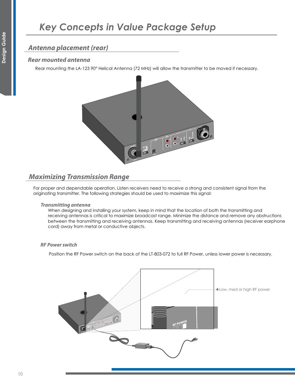 Key concepts in value package setup, Antenna placement (rear), Maximizing transmission range | Listen Technologies Satellite Radio User Manual | Page 16 / 65