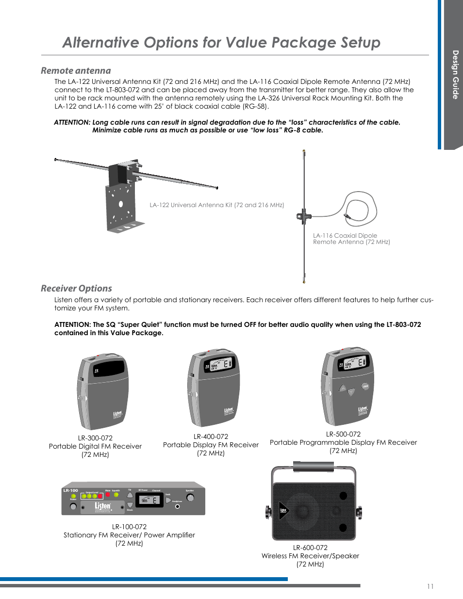 Alternative options for value package setup, Remote antenna, Receiver options | Design guide, Low mid high | Listen Technologies Satellite Radio User Manual | Page 17 / 65