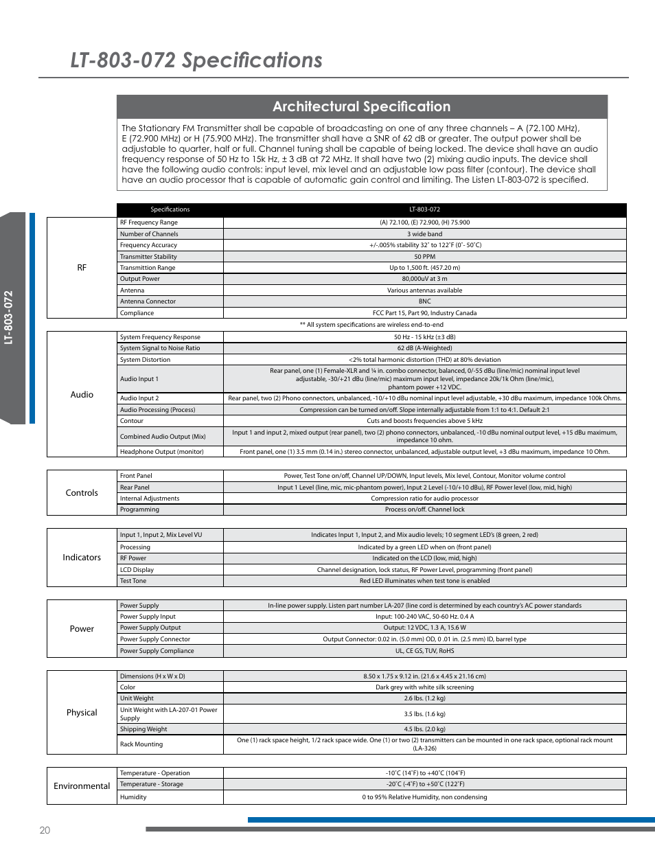 Architectural specification | Listen Technologies Satellite Radio User Manual | Page 26 / 65