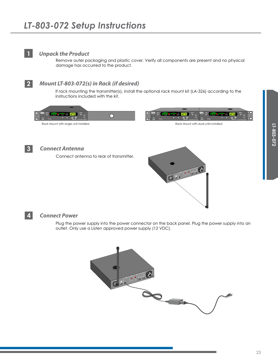 Unpack the product, Connect antenna, Connect power | Listen Technologies Satellite Radio User Manual | Page 29 / 65