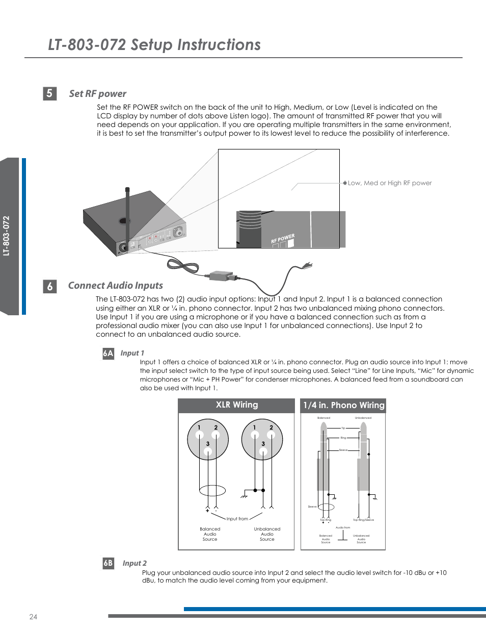 Set rf power connect audio inputs, Xlr wiring, 1/4 in. phono wiring | Input 1 6b, Input 2 | Listen Technologies Satellite Radio User Manual | Page 30 / 65