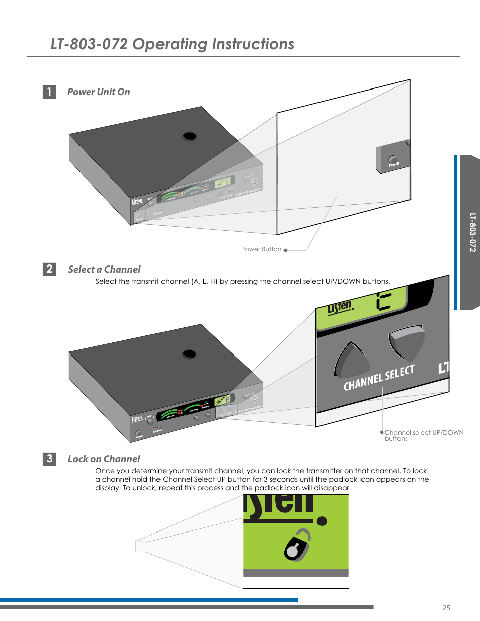 Power unit on, Select a channel, Lock on channel | Listen Technologies Satellite Radio User Manual | Page 31 / 65