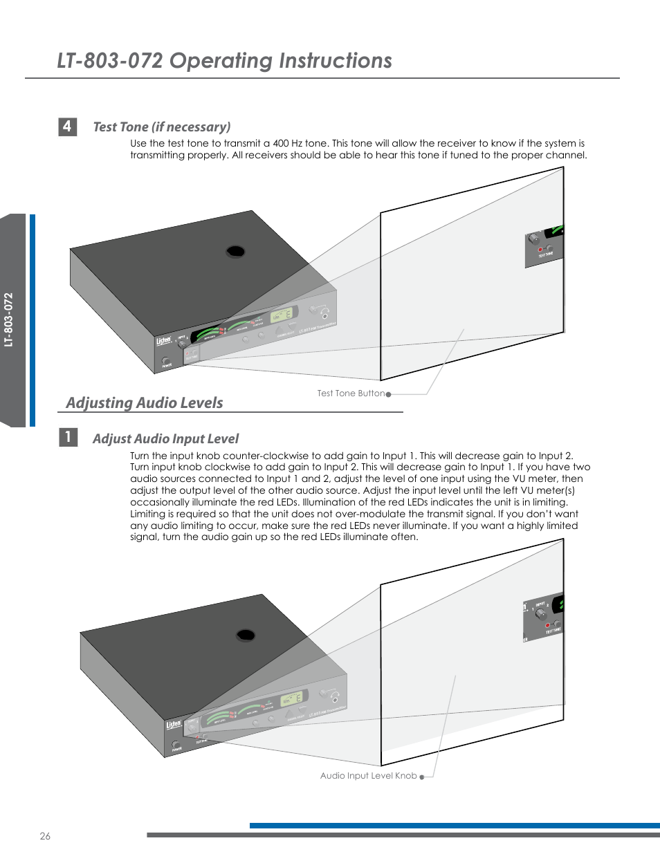 Adjusting audio levels, Test tone (if necessary) adjust audio input level | Listen Technologies Satellite Radio User Manual | Page 32 / 65