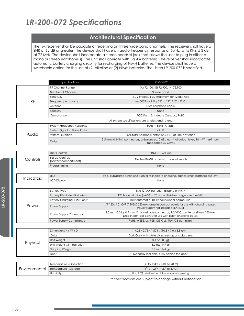 Architectural specification, Audio, Controls | Indicators, Power, Physical, Environmental | Listen Technologies Satellite Radio User Manual | Page 42 / 65