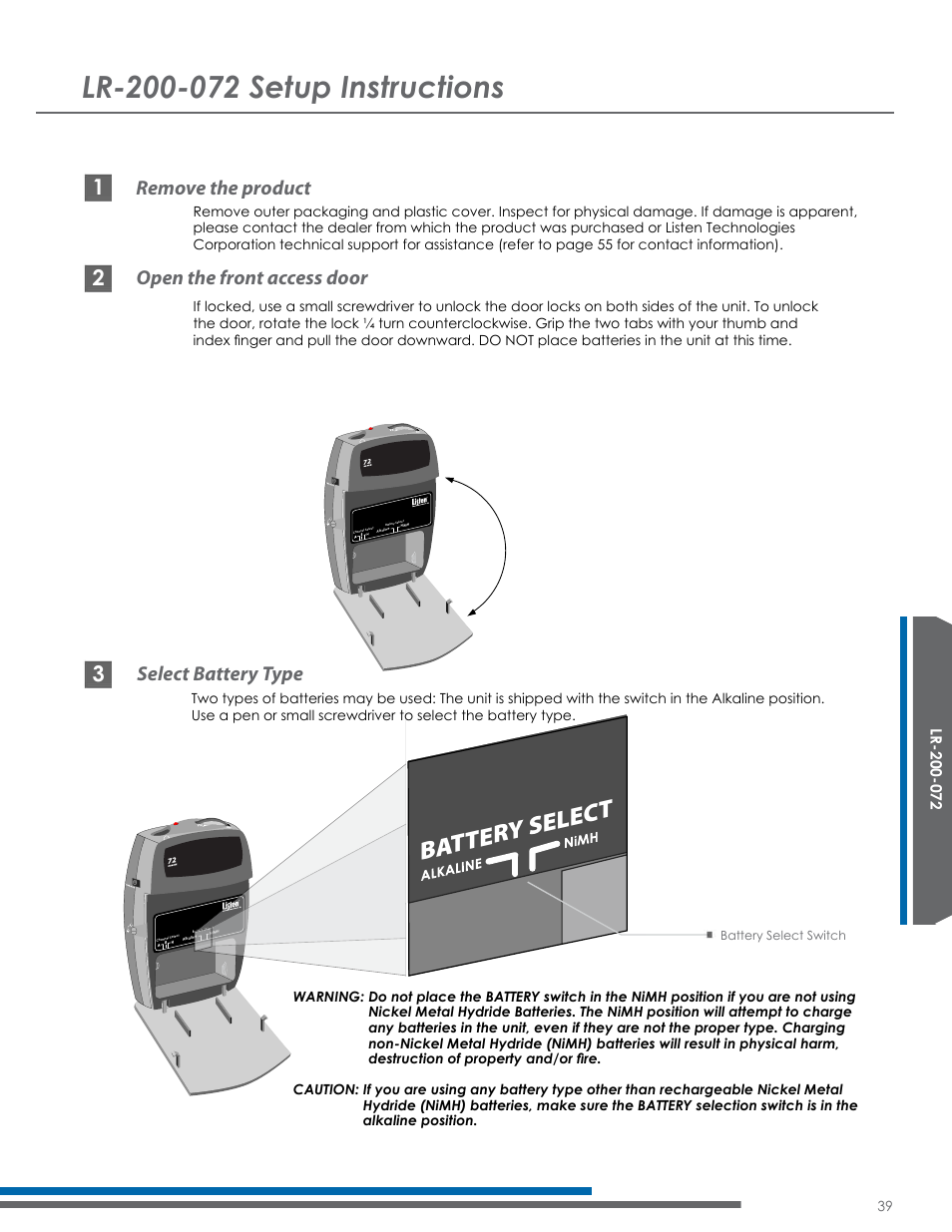 Batter y selec t, Remove the product, Open the front access door | Select battery type | Listen Technologies Satellite Radio User Manual | Page 45 / 65