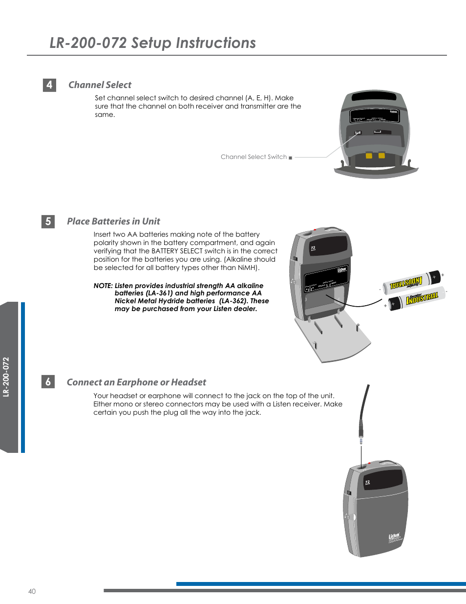 Place batteries in unit, Connect an earphone or headset, Channel select | Listen Technologies Satellite Radio User Manual | Page 46 / 65