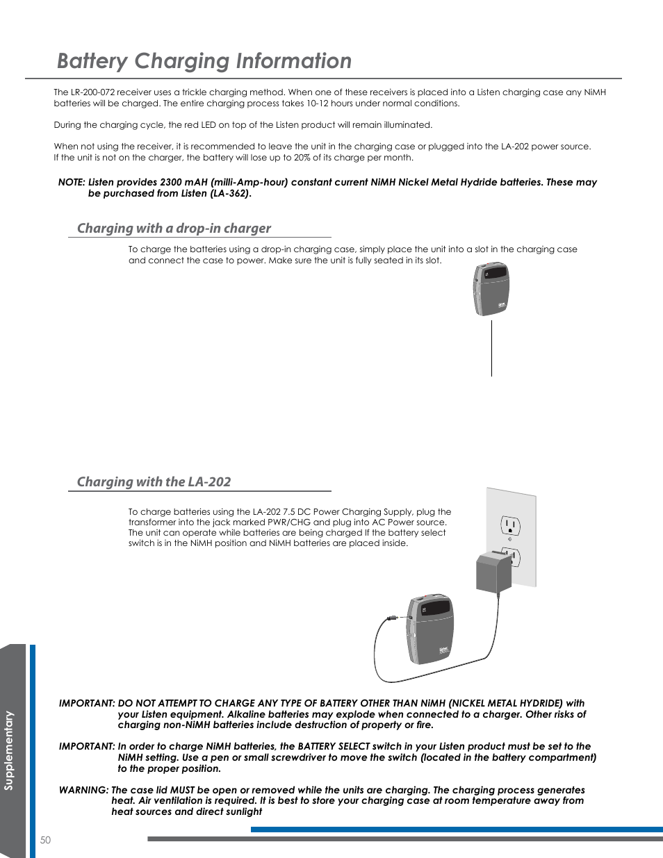 Battery charging information, Charging with a drop-in charger, Charging with the la-202 | Listen Technologies Satellite Radio User Manual | Page 56 / 65