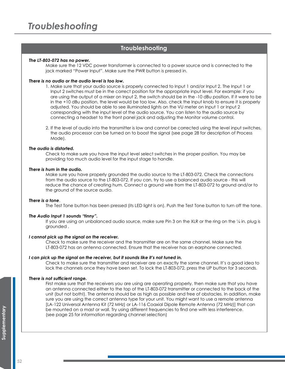 Troubleshooting | Listen Technologies Satellite Radio User Manual | Page 58 / 65