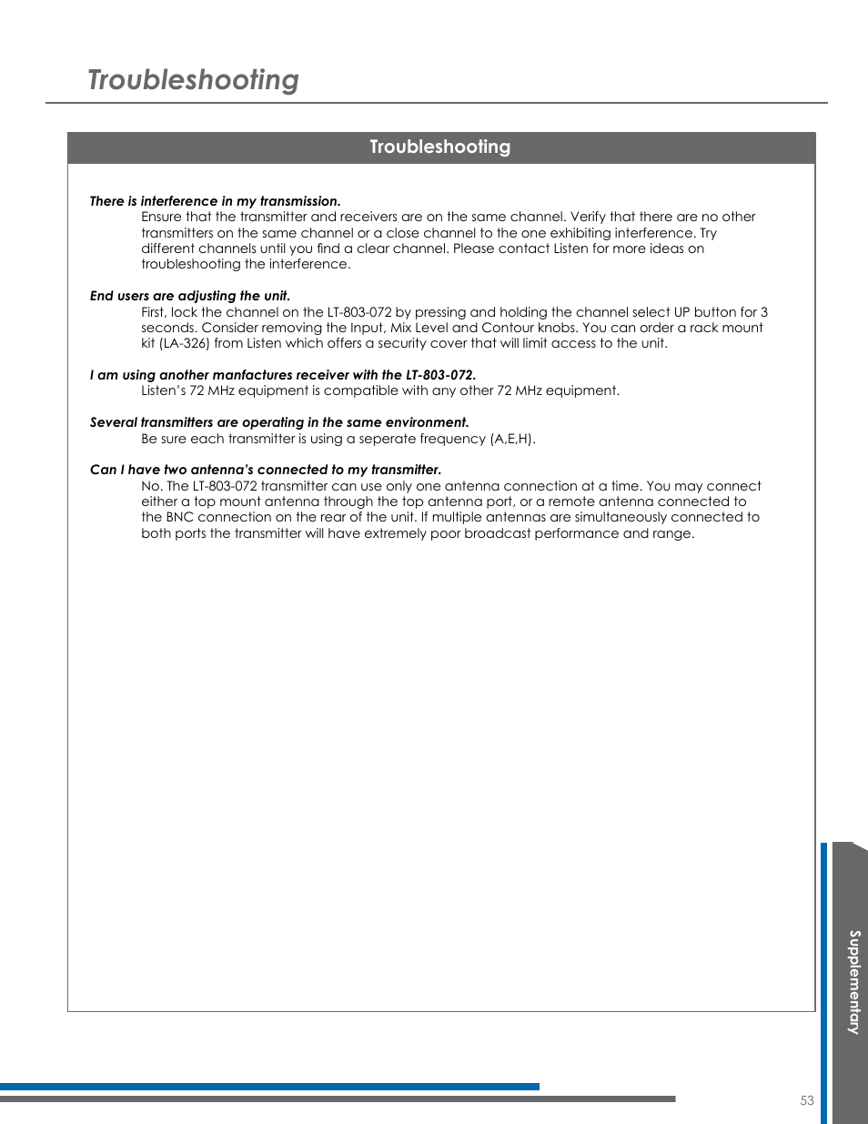 Troubleshooting | Listen Technologies Satellite Radio User Manual | Page 59 / 65