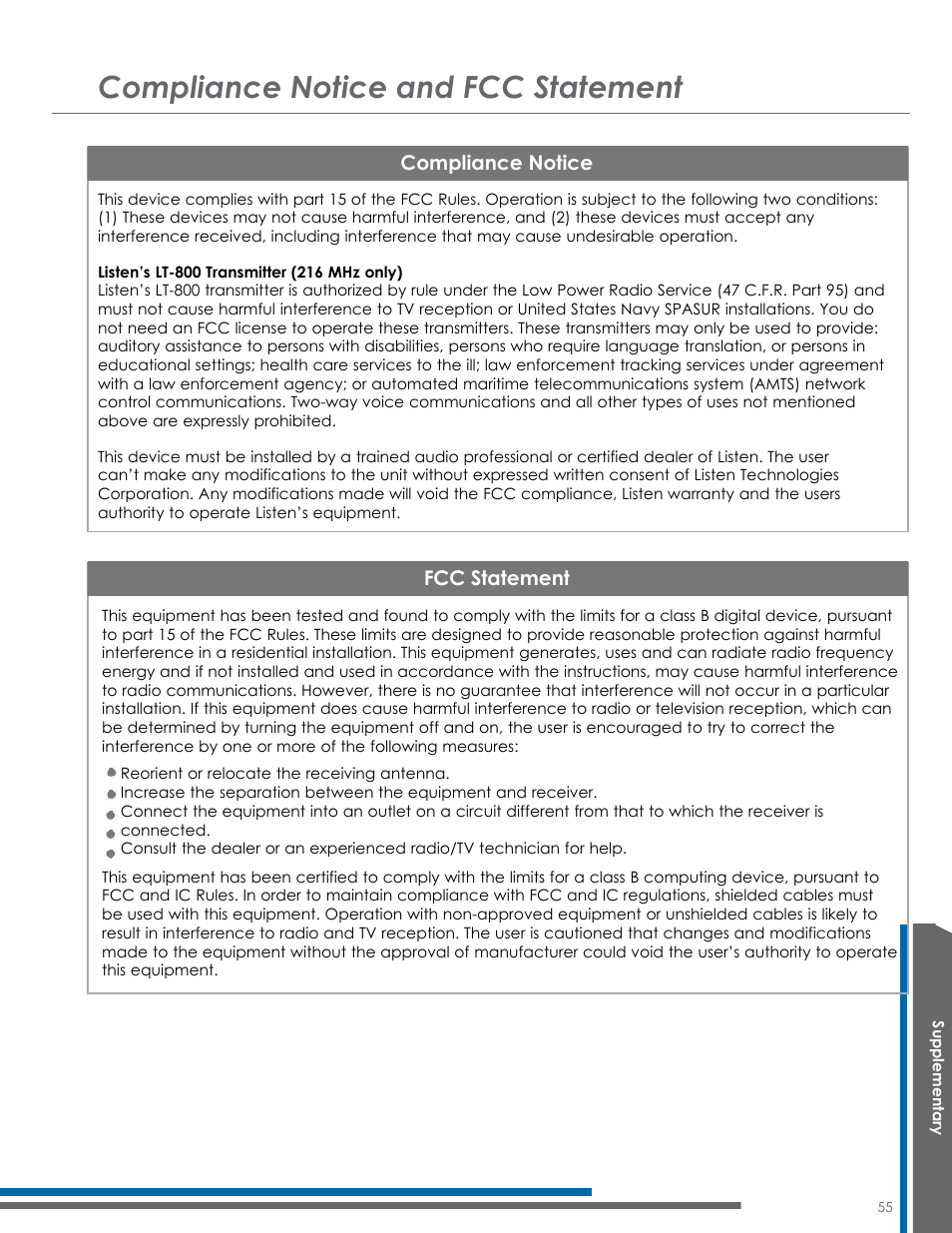 Compliance notice and fcc statement, Compliance notice, Fcc statement | Listen Technologies Satellite Radio User Manual | Page 61 / 65