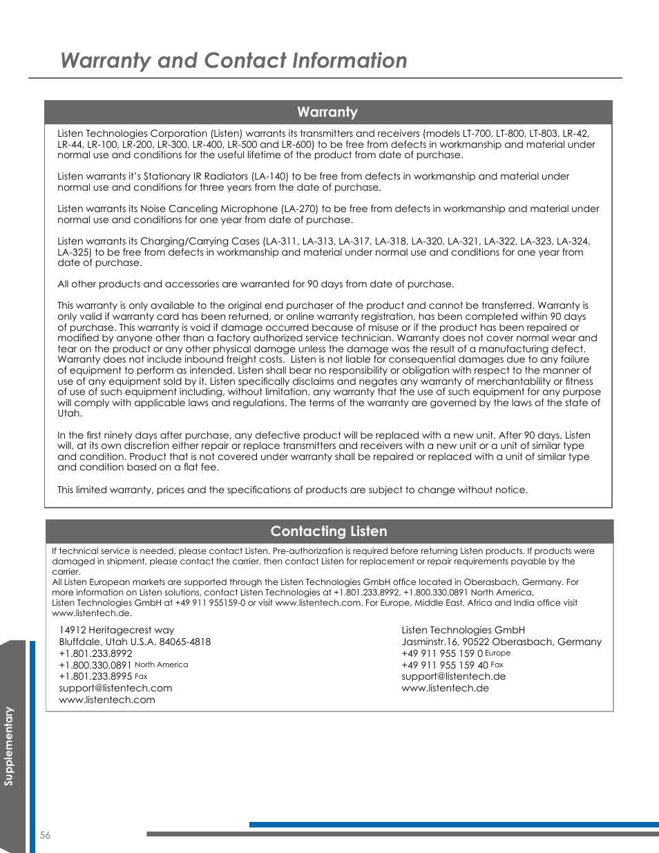 Warranty and contact information, Contacting listen, Warranty | Listen Technologies Satellite Radio User Manual | Page 62 / 65