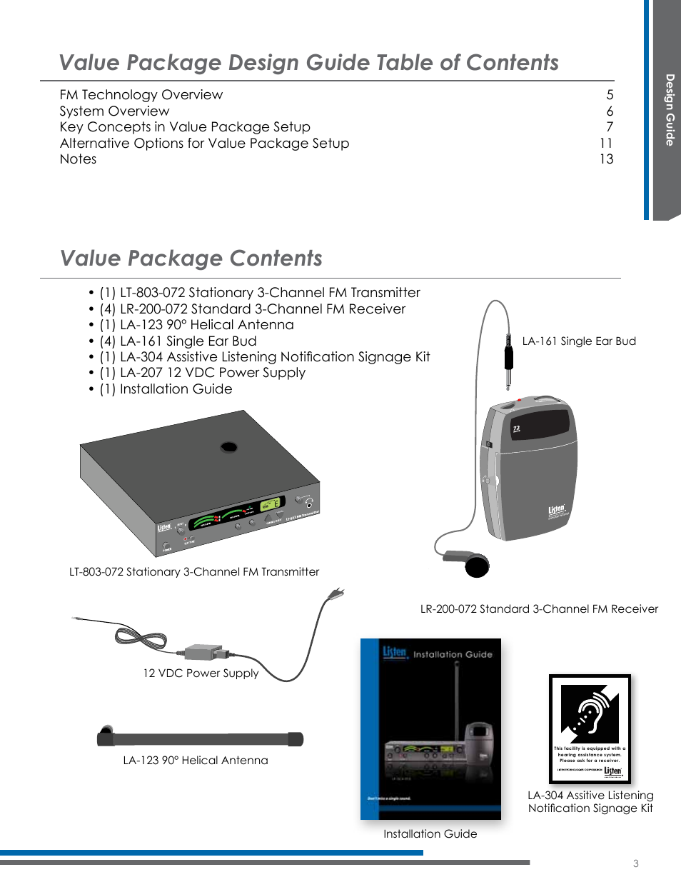 Value package design guide table of contents, Value package contents | Listen Technologies Satellite Radio User Manual | Page 9 / 65