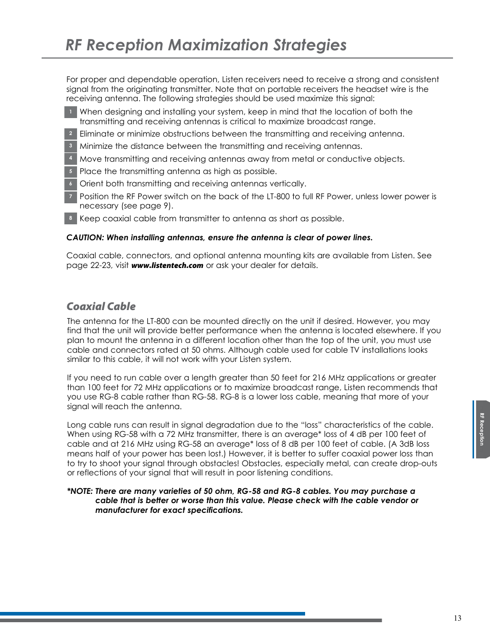 Rf reception maximization strategies, Coaxial cable | Listen Technologies NOT FLJ LT-800-216 User Manual | Page 17 / 32