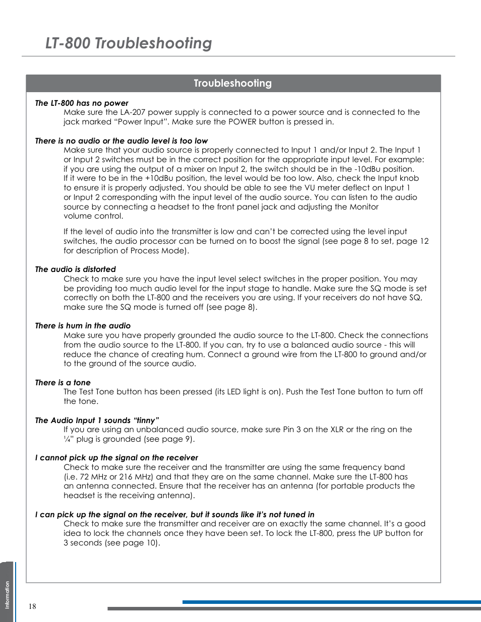 Lt-800 troubleshooting, Troubleshooting | Listen Technologies NOT FLJ LT-800-216 User Manual | Page 22 / 32