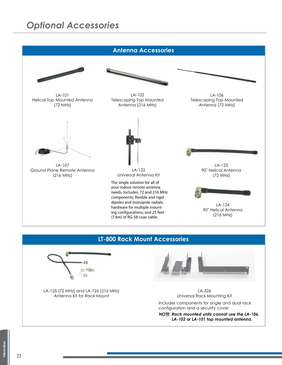 Optional accessories, Antenna accessories, Lt-800 rack mount accessories | Listen Technologies NOT FLJ LT-800-216 User Manual | Page 26 / 32