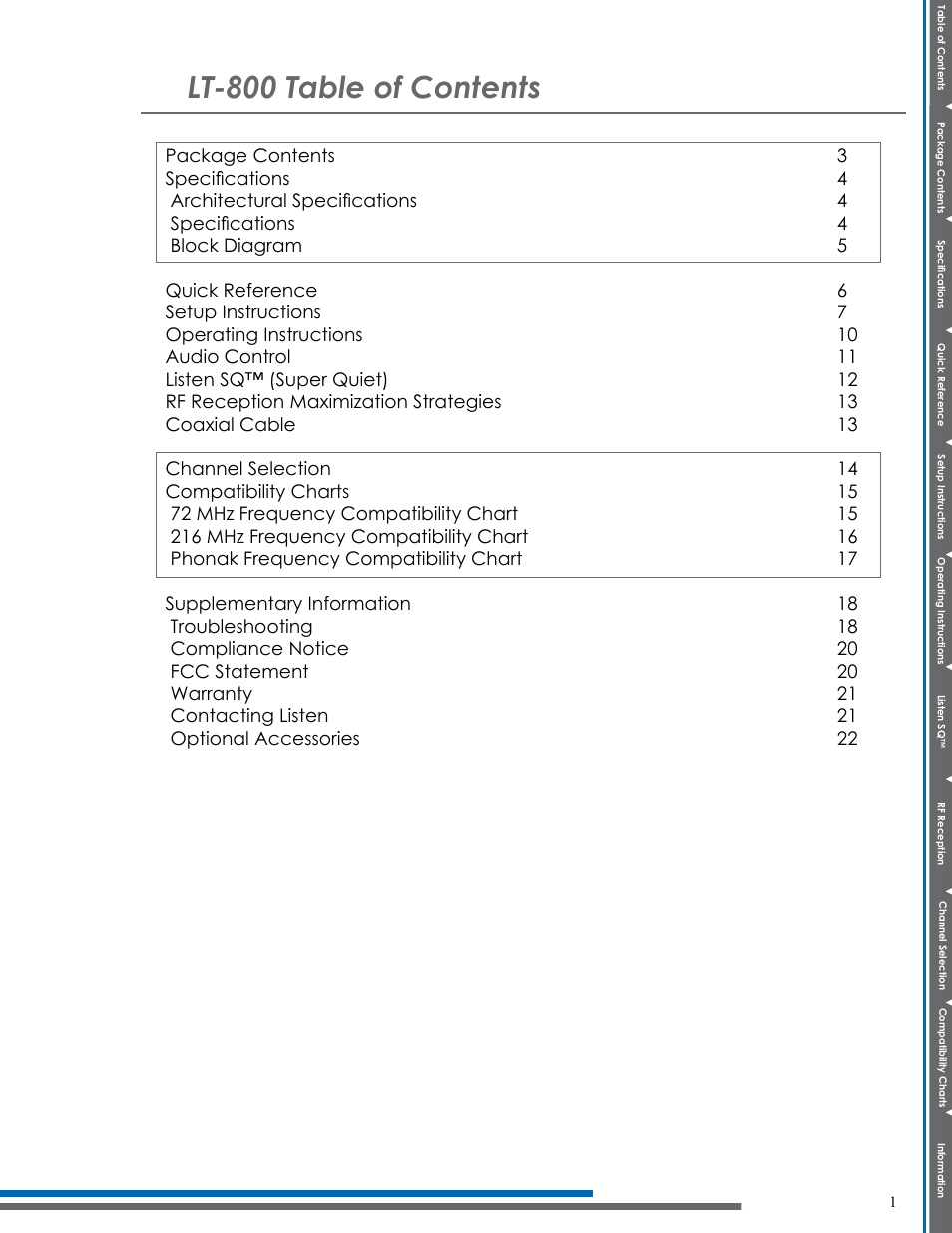 Lt-800 table of contents | Listen Technologies NOT FLJ LT-800-216 User Manual | Page 5 / 32