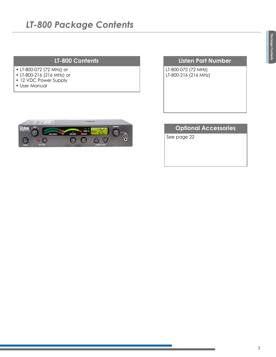 Lt-800 package contents, Optional accessories, Listen part number | Lt-800 contents | Listen Technologies NOT FLJ LT-800-216 User Manual | Page 7 / 32