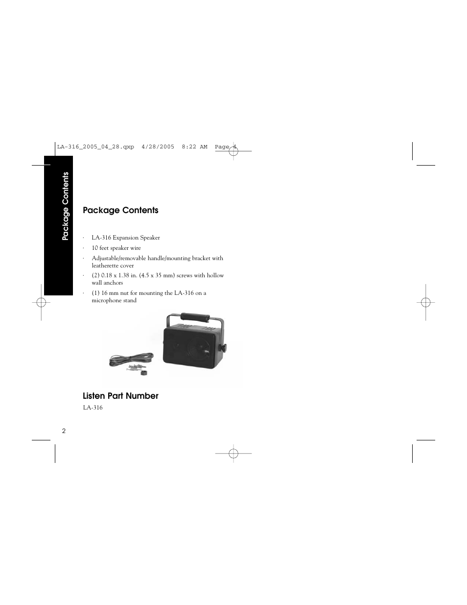 Package contents, Listen part number | Listen Technologies LA-316 User Manual | Page 4 / 12