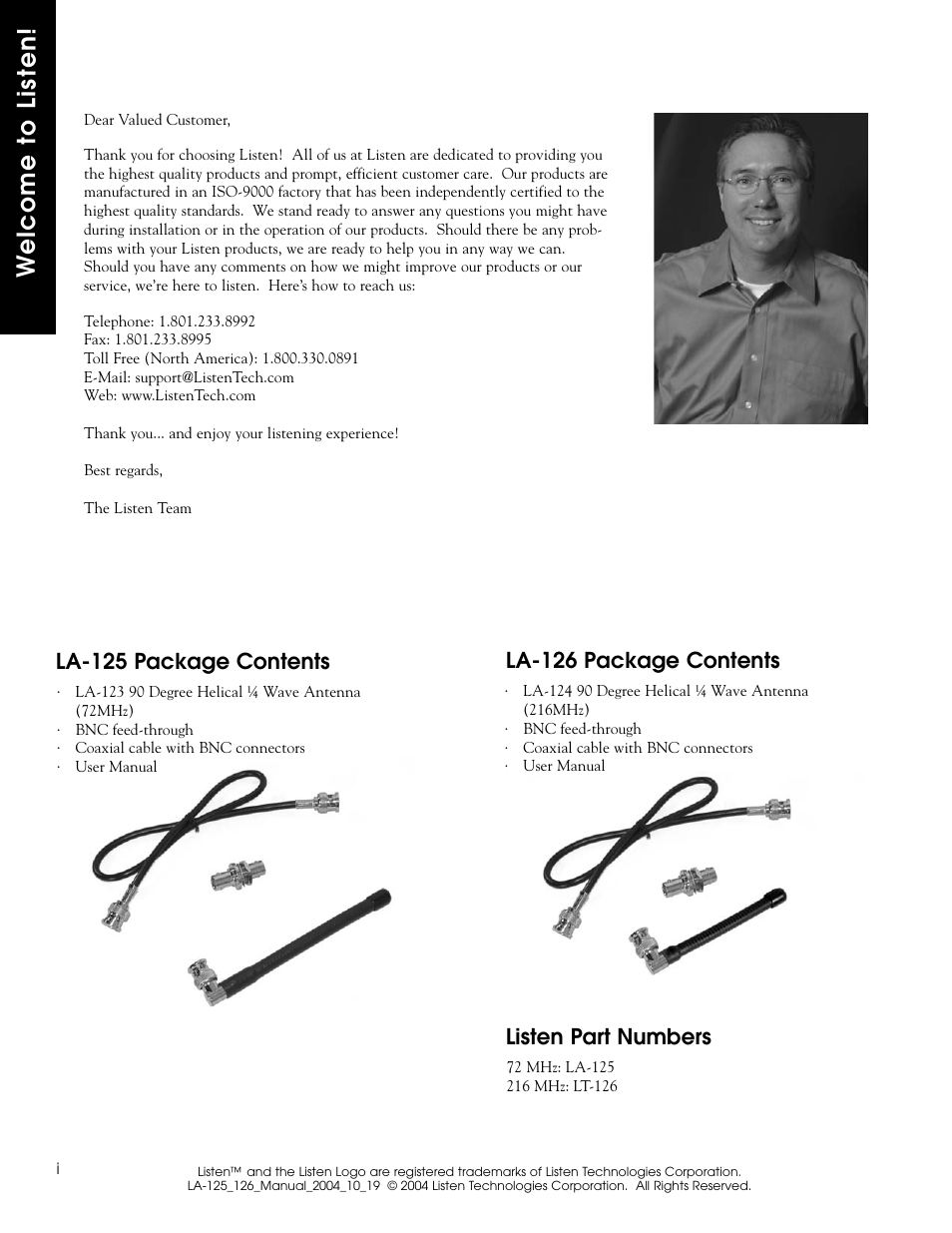 We lcome to listen, La-125 package contents, Listen part numbers | La-126 package contents | Listen Technologies LA-126 User Manual | Page 2 / 6