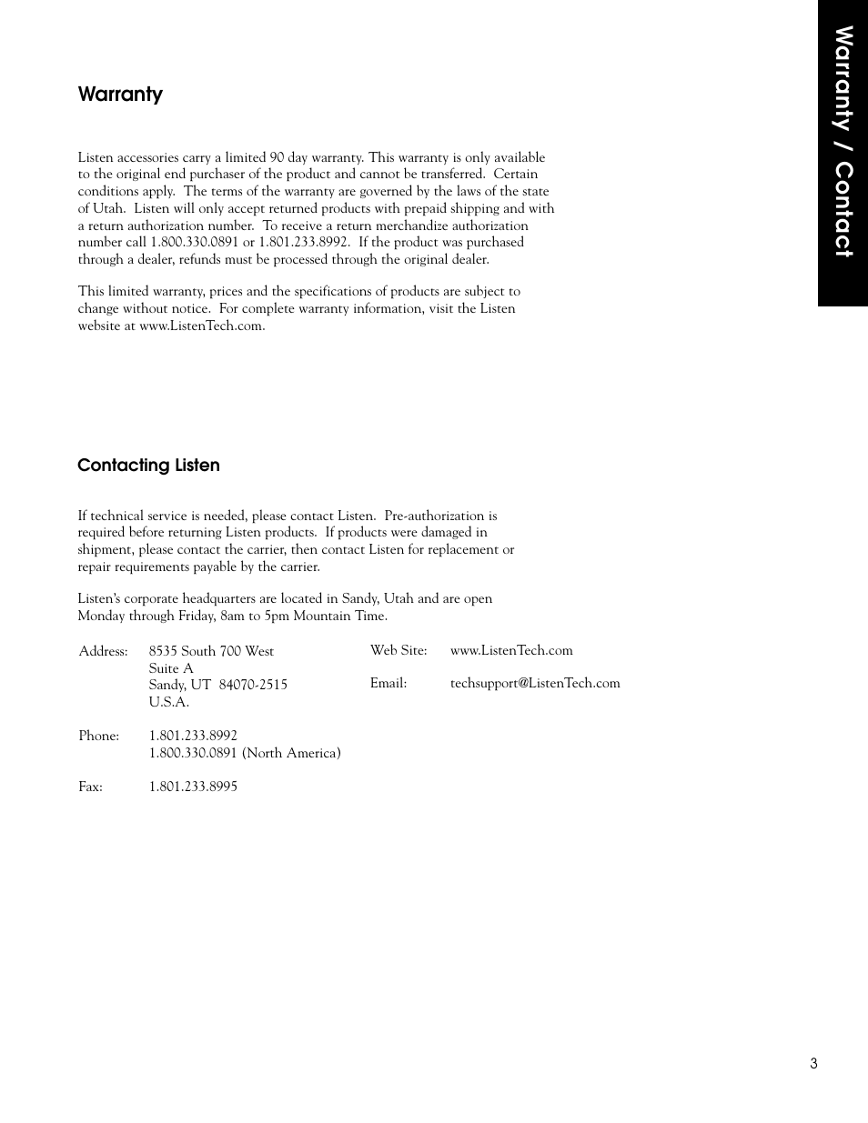 Warranty / contact, Warranty | Listen Technologies LA-126 User Manual | Page 5 / 6