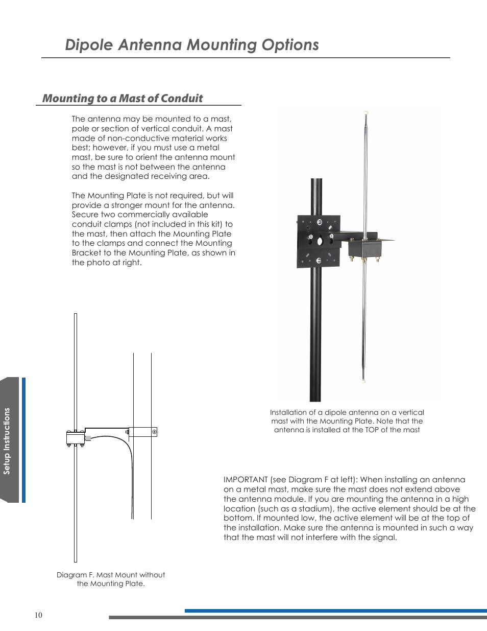 Dipole antenna mounting options, Mounting to a mast of conduit | Listen Technologies UNIVERSAL ANTENNA KIT LA-122 User Manual | Page 14 / 24