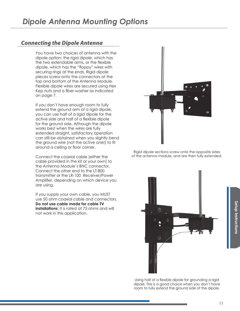 Dipole antenna mounting options, Connecting the dipole antenna | Listen Technologies UNIVERSAL ANTENNA KIT LA-122 User Manual | Page 15 / 24