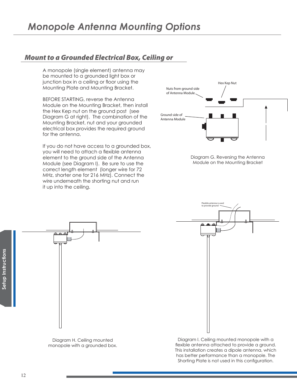 Monopole antenna mounting options, Mount to a grounded electrical box, ceiling or | Listen Technologies UNIVERSAL ANTENNA KIT LA-122 User Manual | Page 16 / 24
