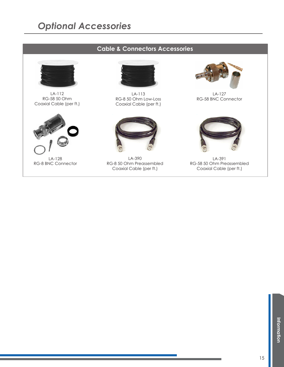 Optional accessories, Cable & connectors accessories | Listen Technologies UNIVERSAL ANTENNA KIT LA-122 User Manual | Page 19 / 24