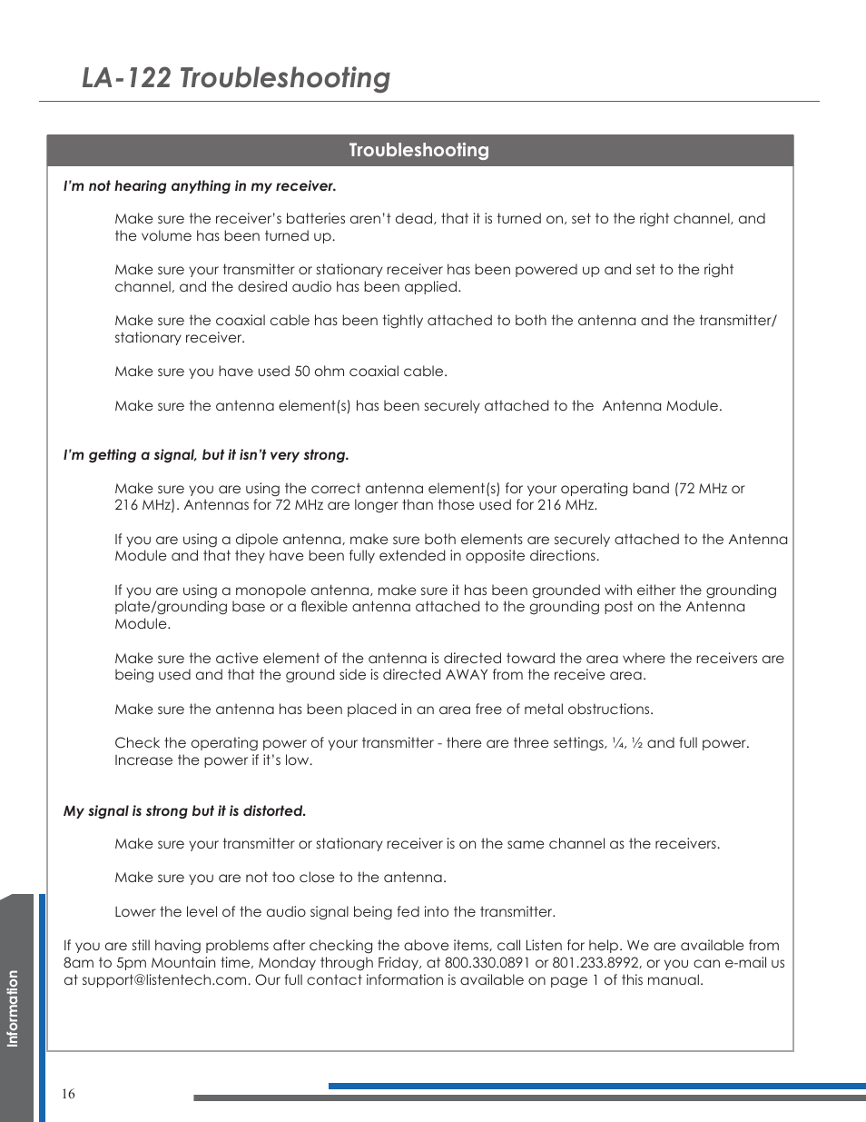 La-122 troubleshooting, Troubleshooting | Listen Technologies UNIVERSAL ANTENNA KIT LA-122 User Manual | Page 20 / 24