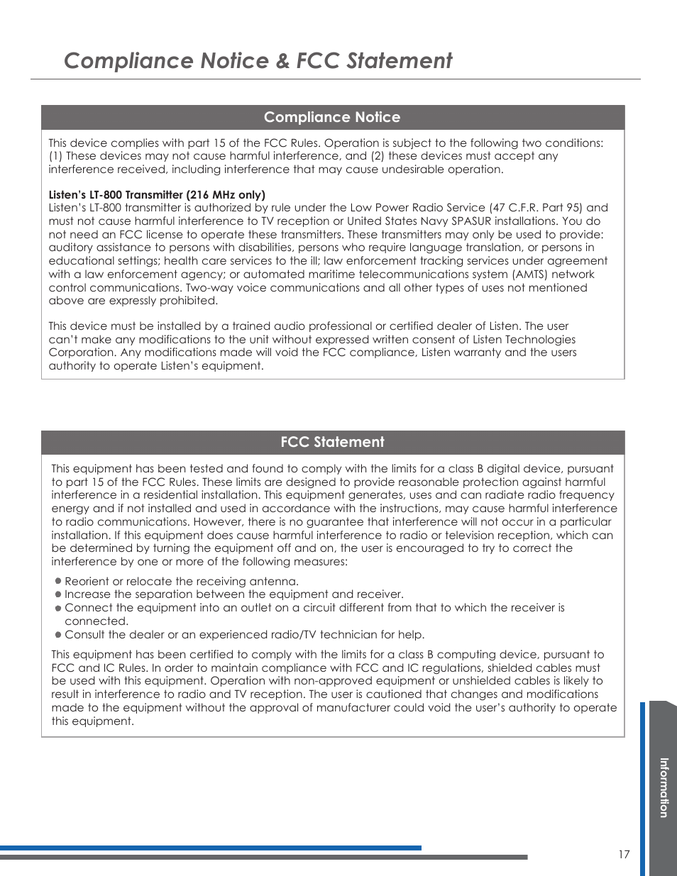 Compliance notice & fcc statement, Compliance notice, Fcc statement | Listen Technologies UNIVERSAL ANTENNA KIT LA-122 User Manual | Page 21 / 24