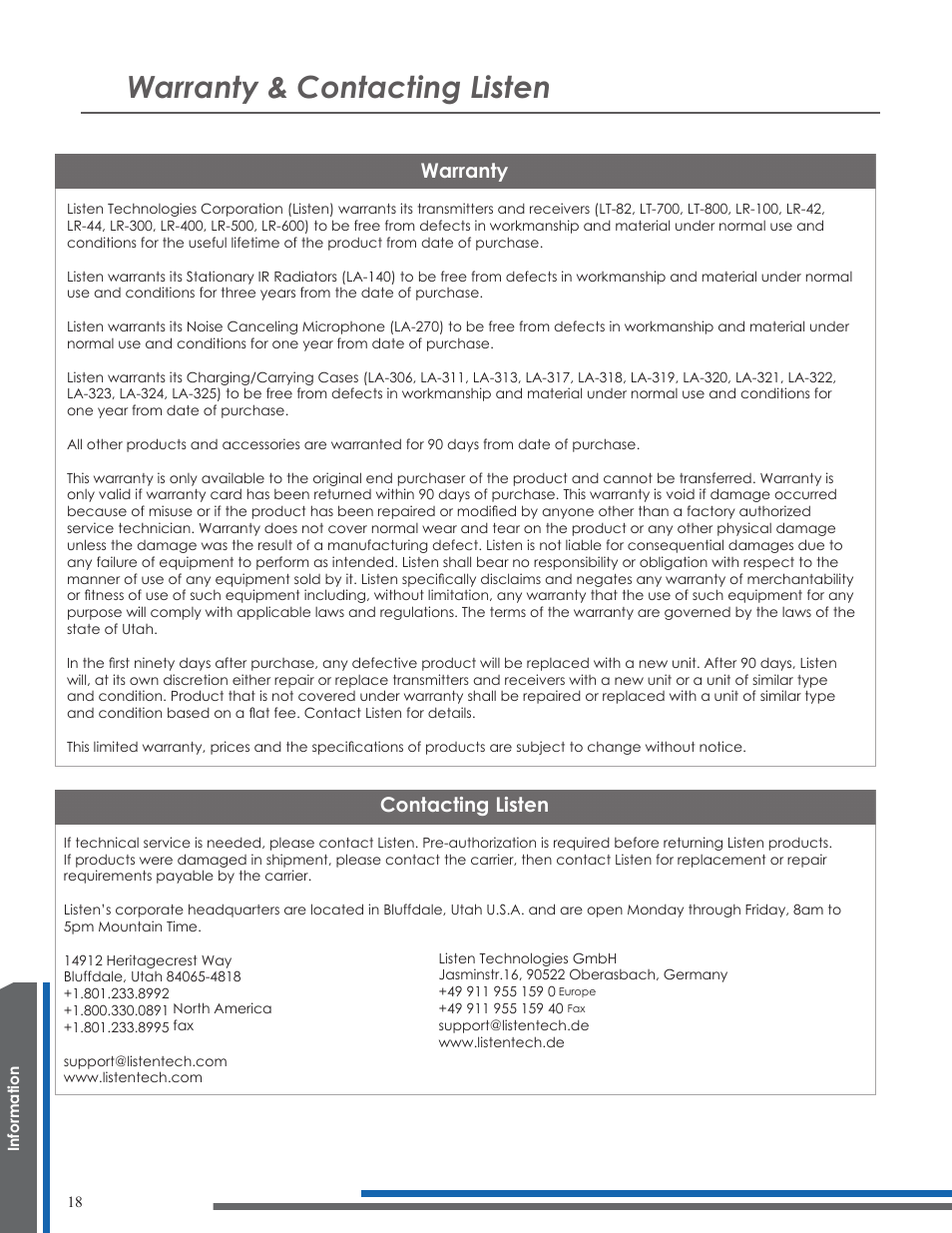 Warranty & contacting listen, Warranty, Contacting listen | Listen Technologies UNIVERSAL ANTENNA KIT LA-122 User Manual | Page 22 / 24