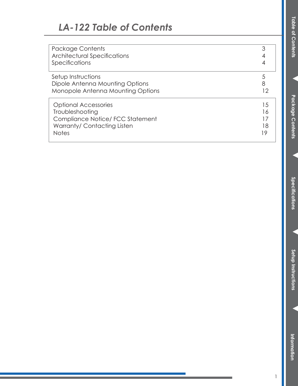 La-122 table of contents | Listen Technologies UNIVERSAL ANTENNA KIT LA-122 User Manual | Page 5 / 24